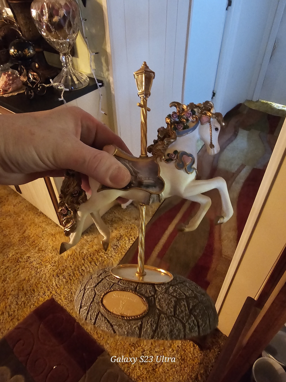 Thomas Kinkade White and Gold Carousel Horse Figurine with Floral Accents